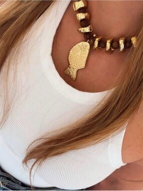 NWOT Gold Fish Pendant Necklace - Gold and Brown Statement Necklace